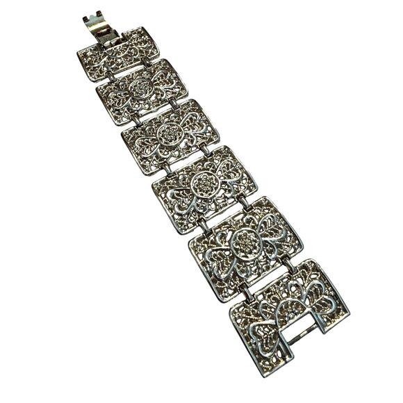 Vintage 1970's bracelet wide silvertone filigree panels mod chunky chain link - Picture 2 of 6